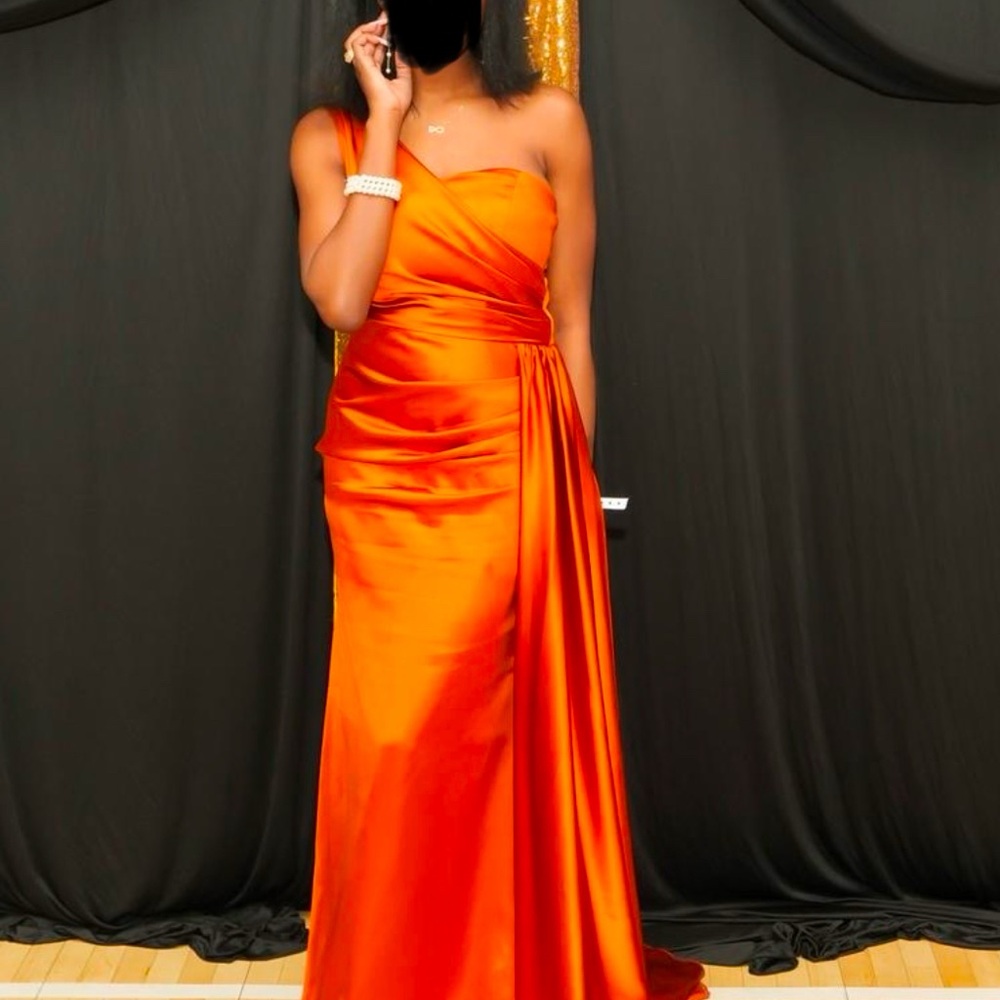 Burnt Orange Elegant One Shoulder Soft Satin Unique Mermaid Long Dress
